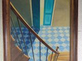 painting of a staircase leading to a blue door in a room