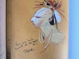 an open book with a drawing of a woman in a headdress