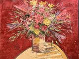 a painting of a vase of flowers on a table