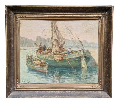 une peinture à l'huile représentant un bateau sur l'eau avec des personnes à bord
