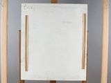 an easel with a blank piece of paper on it sitting on top of a wooden stand