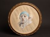 painting of a woman with a blue headband in a gold frame