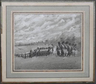 peinture d'un groupe d'hommes à cheval dans un champ