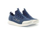 a close up of a pair of blue sneakers with white soles