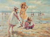 painting of a group of children playing in the sand at the beach