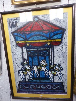 tableau représentant un carrousel avec quatre chevaux, dans un cadre jaune