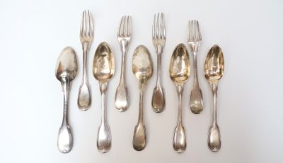 five forks and five spoons arranged in a row
