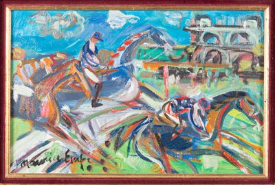 une peinture à l'huile représentant une course hippique avec des jockeys et des chevaux