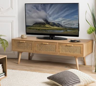 Meuble TV 3 tiroirs en rotin et bois naturel - MAGUY , Dimen…