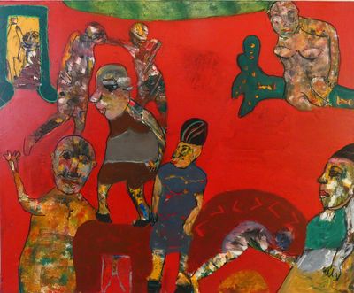 an image of a painting of a group of people on a red background