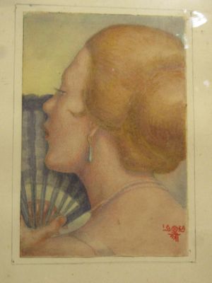 painting of a woman holding a fan in front of her face