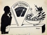drawing of a woman standing in front of a table with a bowl of food
