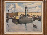 an image of a painting of a light house in a harbor