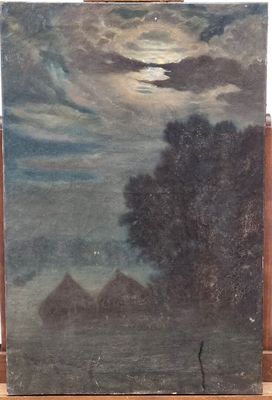 an image of a painting on a easel with a sky background