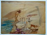 tableau représentant une femme debout sur une plage au bord d'un plan d'eau