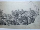 un vieux dessin représentant un village au milieu d'une forêt