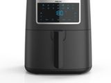 a black air fryer with a digital clock on it