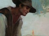 an oil painting of a man in a hat and vest with a dog