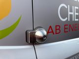 a close up of a vehicle with a logo on the side