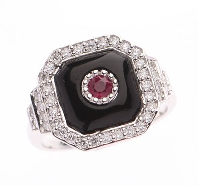 BAGUE en or gris 750 °/°° de forme octogonale centrée d'un r…