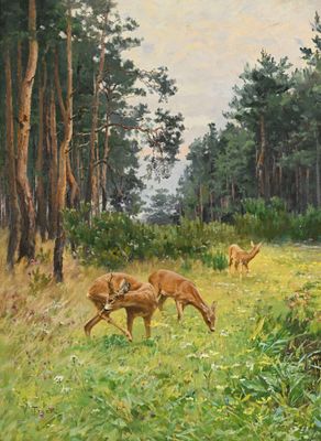 un tableau représentant des cerfs paissant dans un champ d'herbe