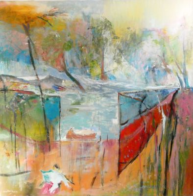 abstract painting of a boat on the water with a person in the foreground