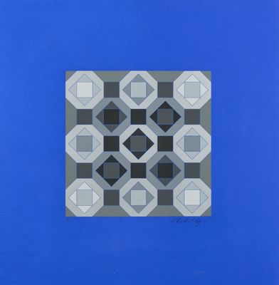 une image représentant un carré bleu orné d'un motif noir et blanc