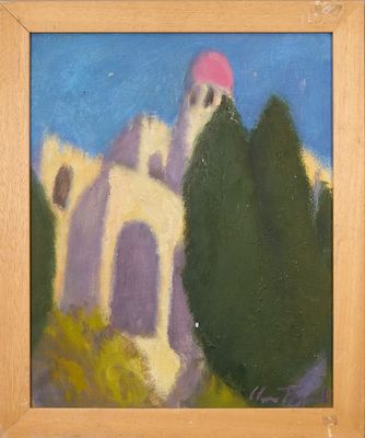 une peinture à l'huile représentant un bâtiment au toit rose, dans un cadre en bois