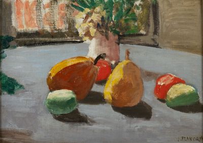 a painting of a vase of flowers and fruit on a table
