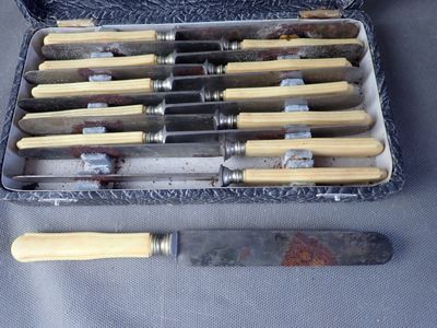 many knives in a case that are sitting on a table