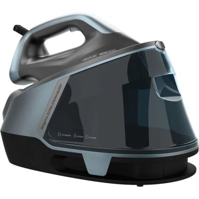a black and gray steam iron on a white background