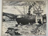 a drawing of a boat in the water by a dock
