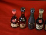 several bottles of wine are lined up on a red cloth
