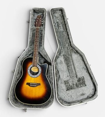 guitars in a case on a white surface with a white background