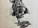 an old drawing of a man in a coat and hat dancing