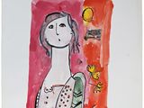 painting of a woman in a white dress with a red background