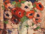 a painting of flowers in a vase on a table