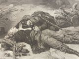 a drawing of a man laying on the ground with a gun