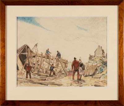 painting of a group of men working on a boat in the water
