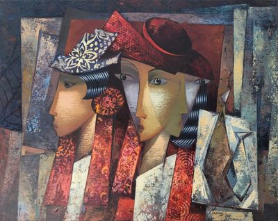 un tableau représentant deux femmes portant des chapeaux et des écharpes