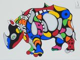 an image of a painting of a rhino with a colorful design on it