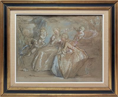 une peinture représentant un groupe de personnes assises autour d'une table