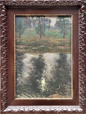 an oil painting of a river with trees in the background