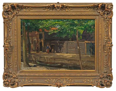 an image of a painting of a village scene with a boat in the foreground