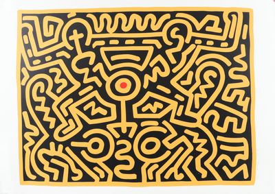 a black and yellow painting with a red dot in the center