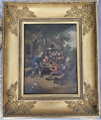 une vieille peinture représentant un groupe de personnes assises autour d'une table