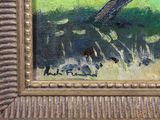 a picture of a painting of a dog in a field