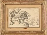 un dessin représentant un paysage avec des arbres au premier plan