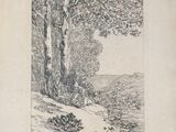 un dessin représentant un paysage avec des arbres et une personne assise sur un banc