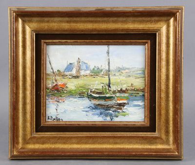 un tableau représentant des bateaux sur une rivière, avec une maison en arrière-plan